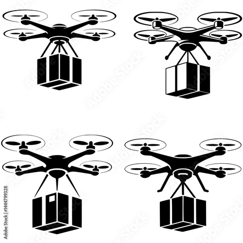 Silhouette of a courier drone  hovering above with a suspended package, futuristic delivery concept, black vector on white - drone set