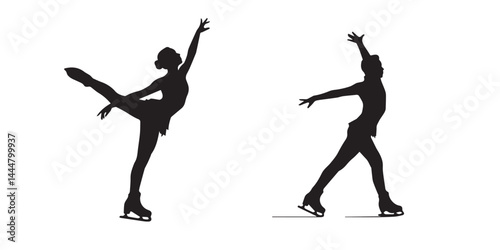 Figure skating silhouettes capture graceful sport moments. Ice skating art elegance, skating skill.