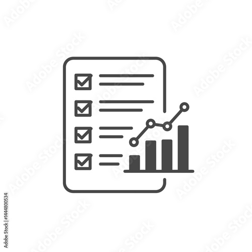 Data Analysis and Progress Chart: A vector representation of a checklist combined with a bar and line graph illustrates concept of task completion, growth, and performance.