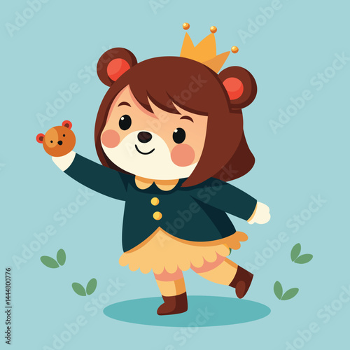 Explore the whimsical design of a cute girl wearing a bear costume playing with a crown. This charming illustration captures the playful imagination and regal fun of the character, perfect for creativ