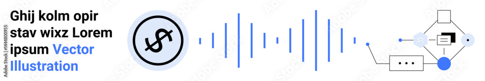 Dollar icon linked to soundwaves and flowchart with communication bubble and data nodes. Ideal for finance, analytics, technology, communication, banking, marketing, apps, simple landing page Dollar icon linked to soundwaves and flowchart with communication bubble and data nodes. Ideal for finance, analytics, technology, communication, banking, marketing, apps, simple landing page