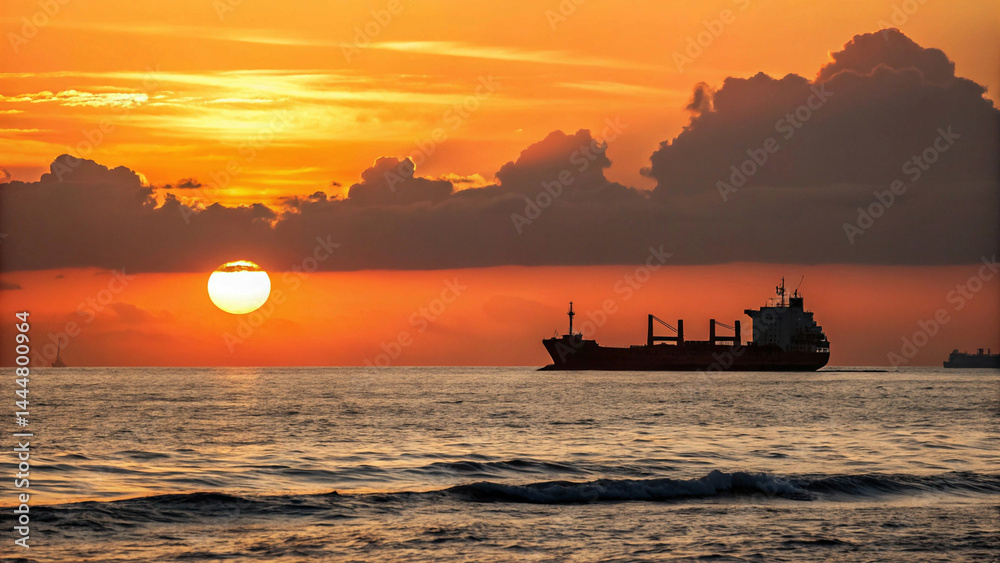 Obraz premium Cargo ships are seen in silhouette on a calm sea as the sun sets in vibrant shades of orange and red, casting reflections on the water