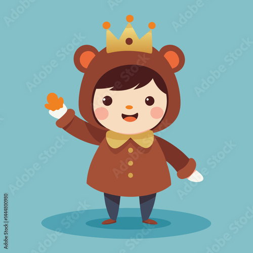 Explore the whimsical design of a cute girl wearing a bear costume playing with a crown. This charming illustration captures the playful imagination and regal fun of the character, perfect for creativ