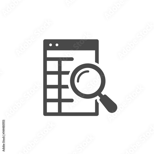 Data Analysis Icon: A sleek, modern icon of a magnifying glass hovering over a data table, symbolizing data analysis and insightful discovery.