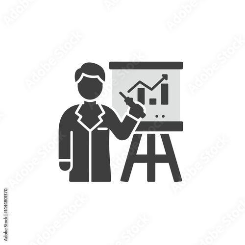 Business presentation icon: Illustrating the business with a rising chart and a professional at a business presentation.