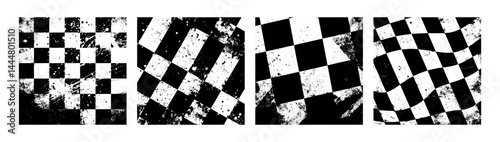 Four textured variations of a black and white chessboard pattern.
