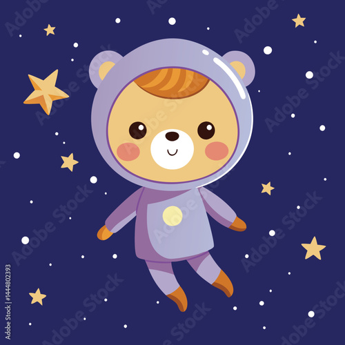 Experience the magical design of a cute girl wearing a bear costume floating with a star in space. This enchanting illustration captures the whimsy and wonder of cosmic adventures, perfect for imagina