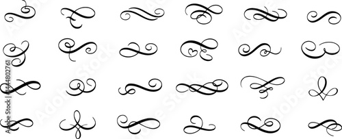 Black swirls, flourishes, decorative elements arranged gridlike. Simple design, elegant patterns vectors on transparent backgroun