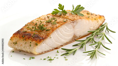 A baked fillet of fatty yellowtail amberjack fish with herbs isolated on transparent or white background
