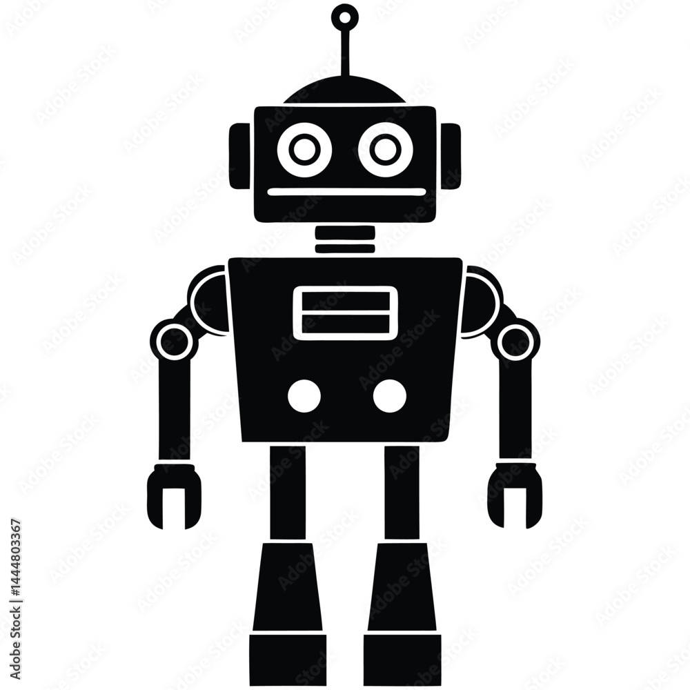 Fototapeta premium robot silhouette vector illustration with white background, robot silhouette icon, Two retro-style robot illustrations with square heads and mechanical limbs, black and white vector graphics, Robot.