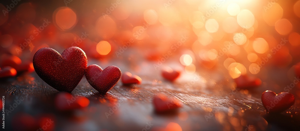 Romantic red hearts on wood, sunset bokeh