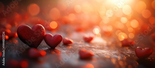 Obraz na płótnie Romantic red hearts on wood, sunset bokeh w salonie