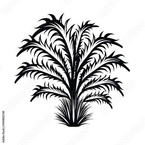 Black Silhouette Plant Illustration, Decorative Bush Outline on Isolated White