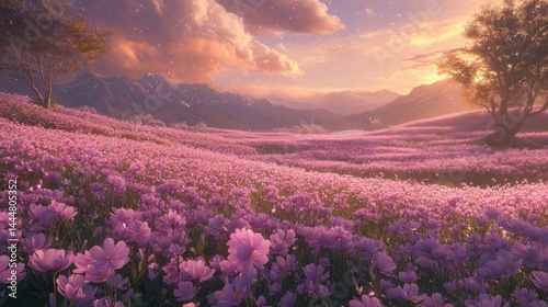 A breathtaking vista of a flower-filled valley at sunset.