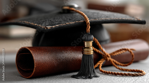 Academic Pinnacle: A macro shot of a graduation cap and diploma symbolizes higher learning, achievement, and the culmination of years of study.