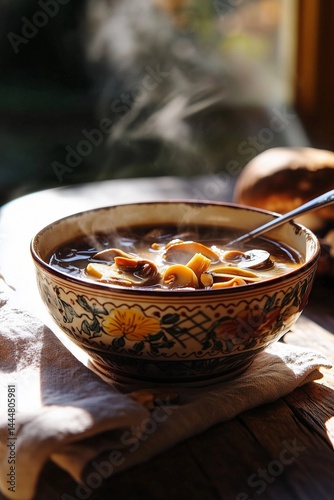 Warm bowl of steaming soup with mushrooms garnished with herbs in a rustic setting on a cozy table Generative AI