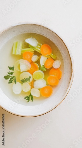 Colorful vegetable broth with carrots, celery, and green onions in a simple bowl against a light background Generative AI