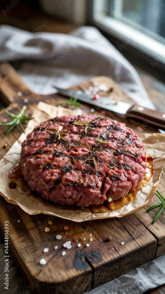 Closeup of seasoned raw vegan patty on wood board with sea salt and herbs Closeup of seasoned raw vegan patty on wood board with sea salt and herbs