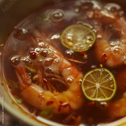 Shrimp and lime dish in a flavorful broth with vibrant spices and bubbles rising in a warm culinary setting Generative AI