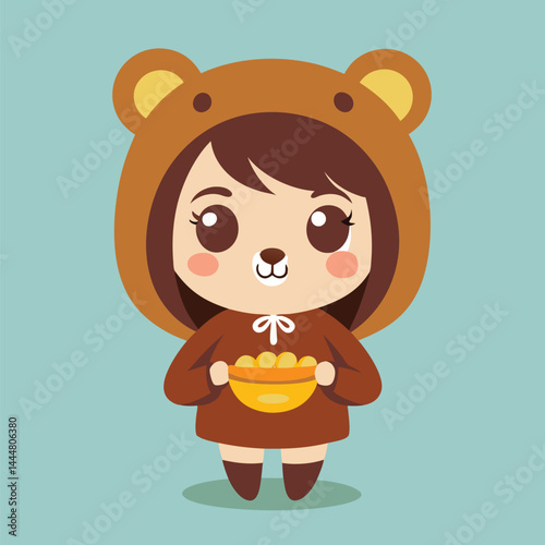 Experience the charming design of a cute girl wearing a bear costume and feeling hungry. This whimsical illustration captures the adorable and playful nature of the character, perfect for imaginative 