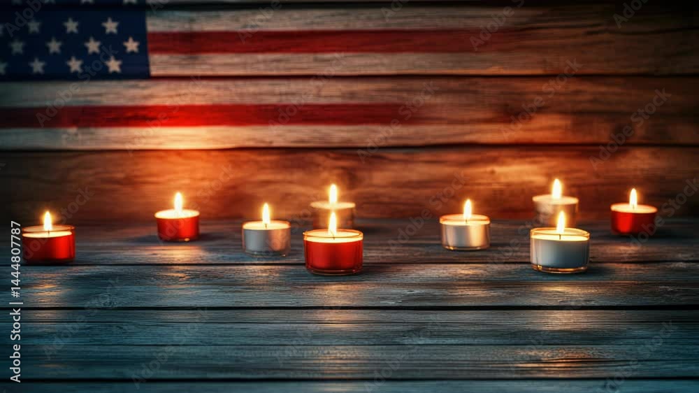 A grouping of lit candles in front of the American flag, suitable for patriotic events or memorial services