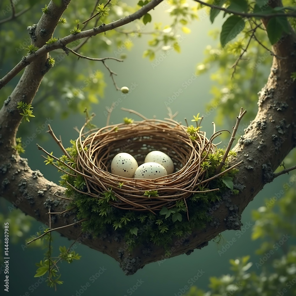 Bird Nest with Eggs Resting on a Tree Branch – Springtime Nature Scene Bird Nest with Eggs Resting on a Tree Branch – Springtime Nature Scene