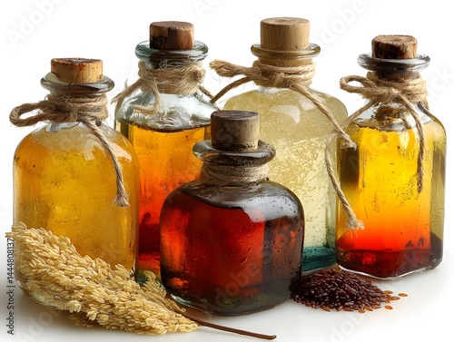 Five clear glass bottles of different cooking oils sit on a white background next to millet and mustard seeds. photo