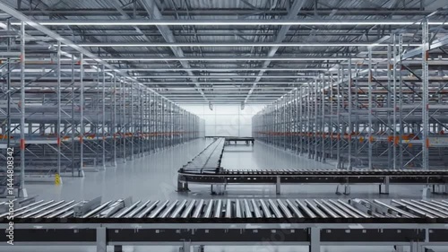 Warehouse Conveyor System: A wide, expansive warehouse with a sleek conveyor belt system in the foreground, showcasing the efficiency and modernity of logistics operations.