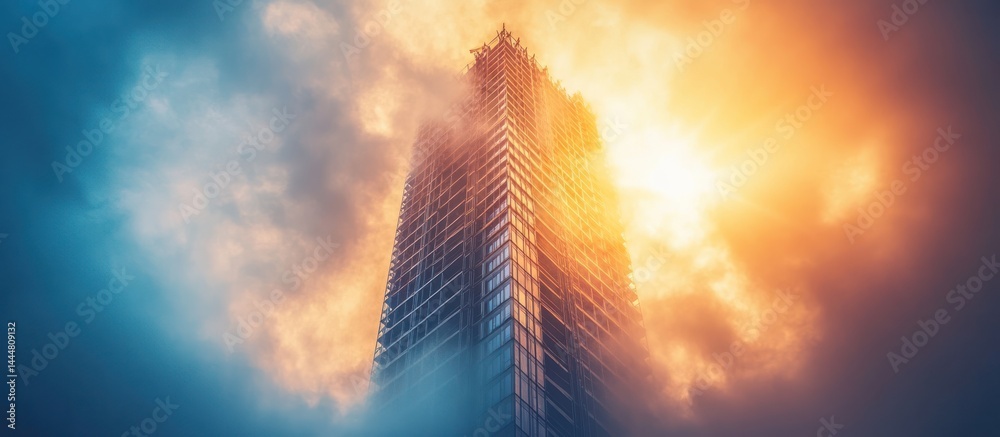 Skyscraper sunrise, city cloudscape, aerial view