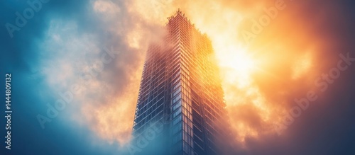 Obraz na płótnie Skyscraper sunrise, city cloudscape, aerial view w salonie