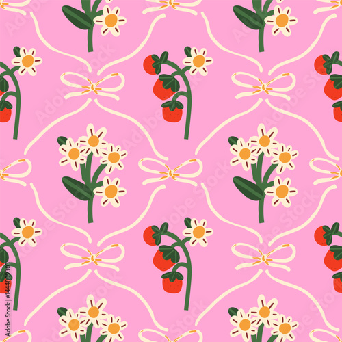 Coquette pattern of white flowers and strawberries on a pink background. Preppy background for wallpaper or wrapping paper.
