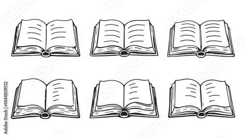 Open book line art illustration with detailed sketching and shading