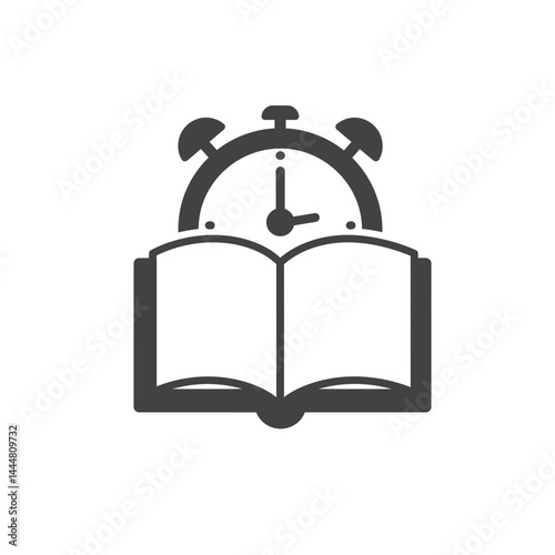 Time Management Icon: An open book with an alarm clock on top symbolizing time management, learning, education, deadline and schedule.