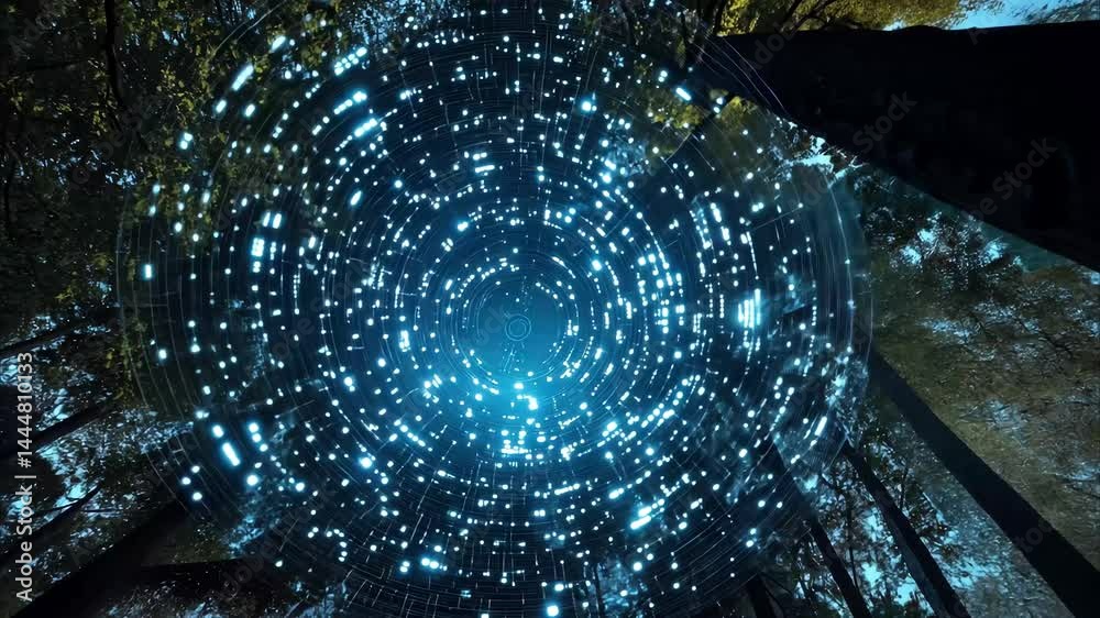 Exploring binary code and circular data processing through the night sky in a serene forest, Binary code and circular data processing over night sky with trees