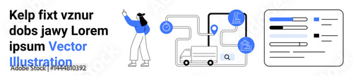 Person pointing at delivery route map with truck, location pins, and analysis charts. Ideal for logistics, delivery service, route planning, navigation, analytics, tracking simple landing page