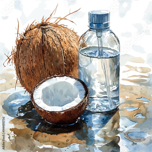 Coconut Oil Body Lotion Bottle, vector watercolor illustration, isolated on a white background.