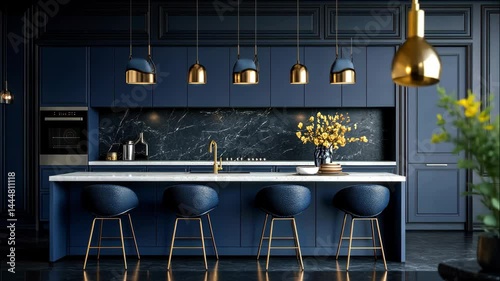 Deep blue kitchen with gold hanging lights and modern cabinets. 