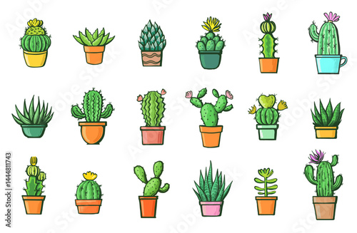 cartoon cacti in colorful pots, various species and forms, with flowers.