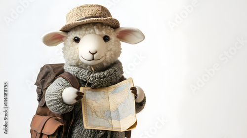 Adventurous Sheep Traveler with Map and Backpack