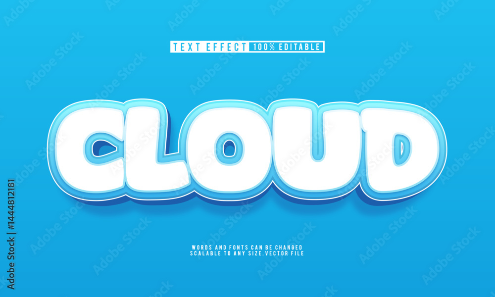 Fototapeta premium Cartoon cloud 3D blue text effect with fun, editable vector style.