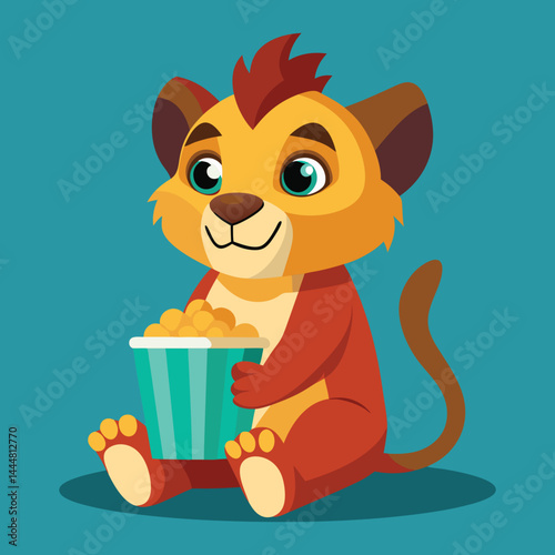 Experience an adorable illustration of a lion king enjoying popcorn while watching a movie, blending whimsy and relaxation in a delightful wildlife setting.
