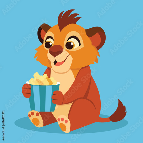Experience an adorable illustration of a lion king enjoying popcorn while watching a movie, blending whimsy and relaxation in a delightful wildlife setting.
