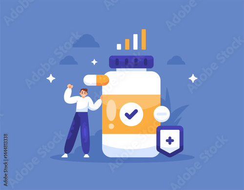concept of vitamins and health supplements. taking medicine and nutrition to maintain body health. immunity and protection. illustration of a man with a medicine bottle. flat style design. elements