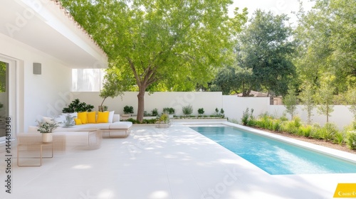 Modern Mediterranean outdoor living space with a pool.  Relaxing patio area features comfortable furniture, lush landscaping, and a sleek pool design