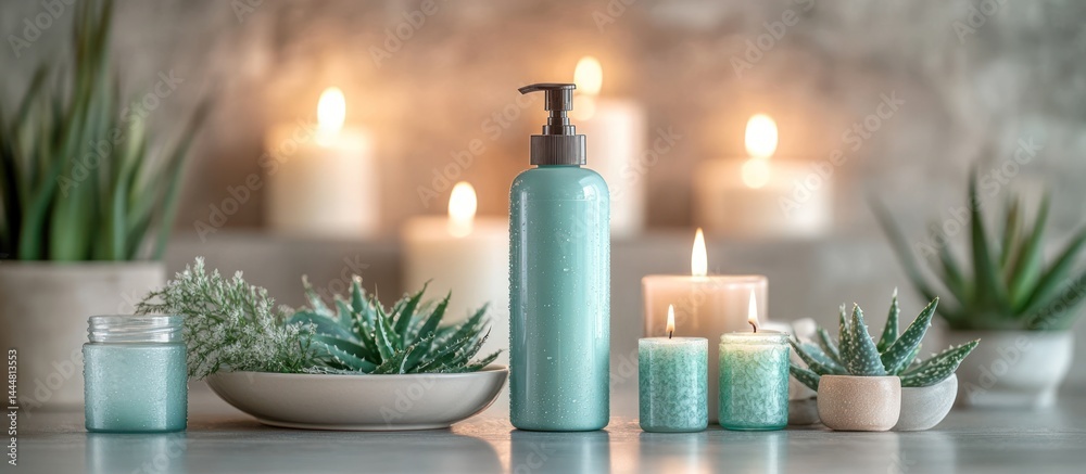 Spa lotion, succulents, candles; calming ambiance