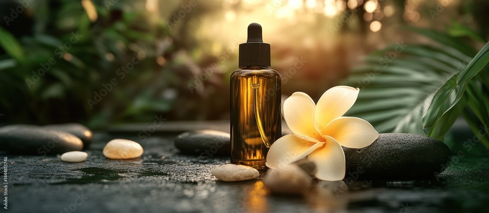 Spa oil bottle, flower, stones, tranquil garden