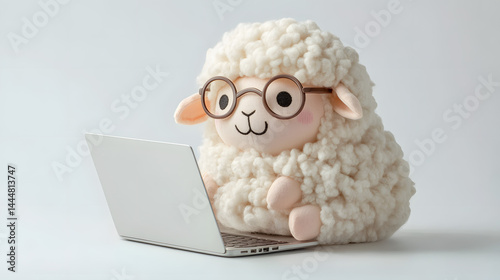 Adorable Sheep Working on Laptop: A Cute and Fluffy Animal