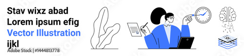 Woman in a blue blazer works with a laptop and documents while gesturing at a clock, brain, and layering icons symbolizing analytics, innovation, time management, and strategy. Ideal for business