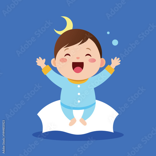 Witness the heart-melting moment as a cute baby wakes up from sleep on a serene blue backdrop, capturing innocence and joy.
