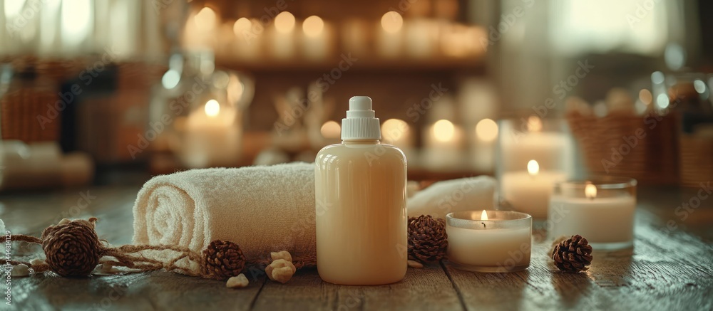 Spa setting with candles and lotions, relaxation, warm ambiance, stock photo
